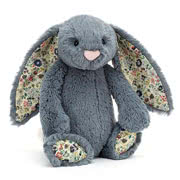 Jellycat Bashful Blossom Bunnies come with floral print patterns in their inner ears and on their soles, there are now many different designs including Blossom Jasmine, Cherry, Tulip, Blush and Dusky Blue.