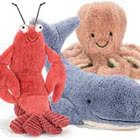 Jellycat Sea Life Creatures including Whales, Sharks, Crabs, Lobsters, Shrimps, Seahorses, Starfish, Octopuses, Clams and Crustaceans.