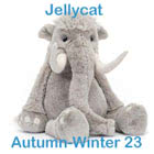 Jellycat Autumn-Winter 2023 Soft Toys Collection including Viggo Mammoth, Adon Dragon and Stellan Sabre Tooth Tiger.