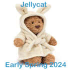 Jellycat Early Spring 2024 Soft Toy Collection including Bartholomew Bear Bathrobe plus new design Bashful plush Bunnies.