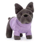Jellycat Sweater Dog soft toys including Purple Sweater French Bulldog & Sweater Sausage Dogs in Yellow and Pink.