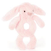 Baby Jellycat Bashful Pink Bunny Ring Rattles, Musical Pulls, Soothers, Comforters, Soft Toys and Blankies.