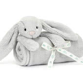 Baby Jellycat Bashful Silver Bunny Soothers, Comforters, Ring Rattles, Soft Toys and Musical Pulls.