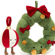 Jellycat Christmas 2023 soft toys including Amuseable Decorated Christmas Wreath, Decorated Christmas Tree and Christmas Grizzo