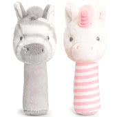 These Keel eco-friendly stick rattles are manufactured with 100% recycled polyester made from recycled plastic and come in seven animal designs.