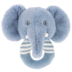 Keeleco Baby Ezra Elephant Ring Rattle by Keel Toys. Made from 100% recycled materials, this adorable elephant comes with super soft blue fur, large ears, white tusks, long trunk and embroidered eyes. Finished with a ring shaped body, that has a cream and