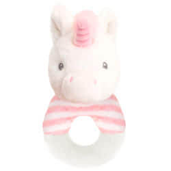 Keel Toys Baby Twinkle Unicorn Ring Rattle by Keeleco. Made from 100% recycled materials, this lovely mythical cutie comes with fluffy pink and white fur, pink stitched nose, embroidered eyes, and pink alicorn. Featuring a fluffy pink and white stripey ri
