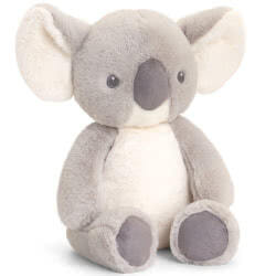 Keeleco Cozy Koala 25cm by Keel Toys. Available in a larger version, this super soft koala comes with fluffy grey fur, suede hoofs, matching nose, white tummy, with white inner ears and embroidered grey eyes. It is filled with 100% polyester made from rec