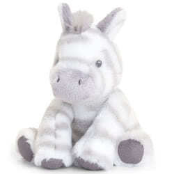 Keeleco Cuddle Zebra 14cm by Keel Toys. Made from 100% recycled materials, this super soft zebra comes with fluffy grey and white stripe fur body, dark grey suede soles, light grey muzzle, stitched nose, embroidered eyes, grey tufty updo and little perky 