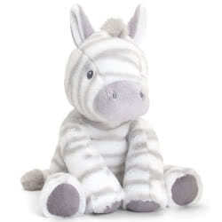 Keeleco Cuddle Zebra 25cm by Keel Toys. This larger version is made from 100% recycled materials, it's a super soft zebra coming with a fluffy grey and white stripe fur body, dark grey suede soles, light grey muzzle, stitched nose, embroidered eyes, 