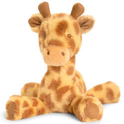 Keeleco Huggy Giraffe 17cm by Keel Toys, 100% recycled materials, featuring giraffe colouration, long legs, brown ossicone's, little ears, stitched nostrils, suede soles and embroidered eyes.