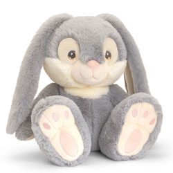 Keel Toys Keeleco Patchfoot Grey Rabbit 22cm plush soft toy, this gorgeous bunny features long ruffled mid-grey fur, a white face and inner ears. The soles are white with pink foot prints finished with a cute stitched smile and embroided safety eyes.