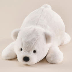 Lilla Stora Bjorn 40cm White Teddy Bear. It is a cute teddy bear that lies on its tummy with its paws out.

The fabric is of premium quality.
 The body filling is soft and fluffy with some plastic pellets in the paws for weight.
