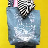 Moomin Totes made from cotton denim - featuring line drawing Moomin characters - strong colourful strap handles - with UK|International delivery on all Moomin Totes