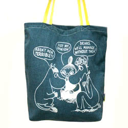 Moomin Arent Men Terrible Stonewash Tote. This stylish blue denim tote bag features iconic characters Snorkmaiden and Little My discussing men with a lady troll.  It has strong straps in yellow and white stripes, and the reverse features a neon yellow Moo