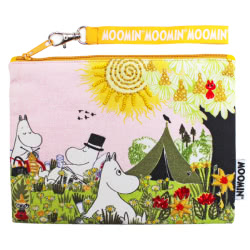 Moomin Camping Large Pouch features the Moomin family camping. The pouch is beautifully embroidered and embellished with hand stitched details and sequins.
