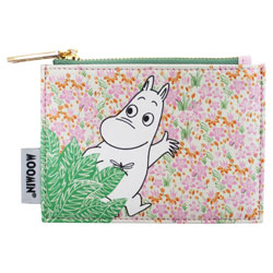 Moomin Ditsy Purse. This zip purse comes with a metal cast Moomin logo zip pull. Also featuring four card slots, with a printed floral pink and green reverse. A compact shape which makes it super easy to carry cash and cards around.