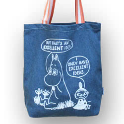 Moomin Excellent Idea Denim Tote. This stylish blue denim tote bag features two iconic characters Moomin and Little My, in a discussion about an idea that Little My has had..Moomin is seen saying: 'But that's an excellent idea!', to which L