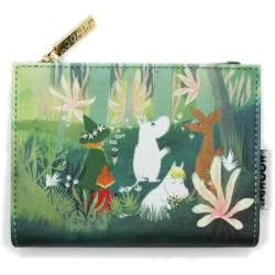 Moomin Forest Purse. A super sweet printed purse featuring a lovely scene of Moomin and some familiar friends exploring the depths of the forest..There is a zipped pocket with a gold metal cast Moomin logo zip pull. On the  inside there is a pocket for ca