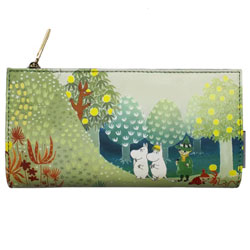 Moomin Hillside Wallet. Featuring Moomintroll, Snorkmaiden,  Snufkin and Little My in front of a hill, surrounded by fruit trees. The wallet folds open to reveal a dark green interior, with 2 pockets for cash and 11 cardholder slots. There is a press stud