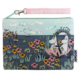 Moomin Lotus Large Pouch. This pouch features the Moomin characters in the Lotus themed design. Featuring embroidered details with sequins for an extra special look. It's perfect for storing all your essentials in, also featuring a super handy detach