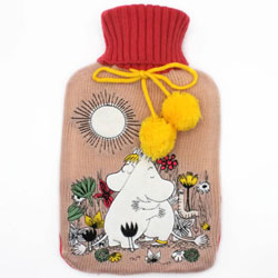 Moomin Love Hot Water Bottle. Get cosy with this super statement embroidered hot water bottle featuring Moomin and Snorkmaiden. This lovely cover is finished with big yellow pom-poms.