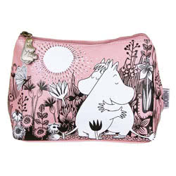 Moomin Love Makeup Bag. This handy accessory features a striking black and white Moomin illustration on soft pink PVC, finished with an engraved brushed antiqued brass shaped Moomin zip pull. Also featuring an internal zip pocket. With plain pink on the r