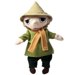 Moomin Snufkin 6.5 Inch Soft Toy. Coming with a pastel green hat, orange scarf, bright green tank top and forest green trousers, complimented by brown boots. Featuring embroidered eyes, blonde fluffy hair, pointy nose and interesting expression.