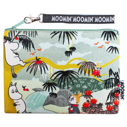 Moomin Woodland Large Pouch. This pouch features Moomin and Little My playing in the woodlands. It is made of cotton and comes beautifully embroidered, and embellished with hand stitched details and sequins for an extra special look. It's perfect for