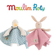 Moulin Roty are a French company specialising in baby comforters.  Most of Moulin Roty designs include a selection of comforters, including Le Grande Famille Nini Mouse, Julius Dog and Sylvain Rabbit comforters.