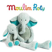 Moulin Roty Les Baba Bou collection has been created in collaboration with watercolour artist Cecile Blindermann. It includes this selection of French design soft toy Elephants, Cats, Lions & Rabbits.