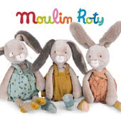 Moulin Roty Trois Petits Lapins (three little rabbits) center upon Clay, Ochre and Sage rabbits, all of which come in two soft toy sizes with a matching baby comforter.