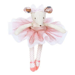 Moulin Roty Ballerina Mouse from the 'Once Upon A Time' range. This lovely cotton mouse has long dangly legs covered in a pretty polka dot pattern & velour pink stitched ballet shoes. She wears a removable sparkly pink tutu dress with pink ribbo