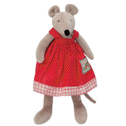 Moulin Roty Little Nini the Mouse. She 
comes 
in a red cotton pinafore with white polka dots and trimmed 
with a floral patterned hem. Her pinafore is removable (it 
ties at the back with a bow) so she can be dressed and 
undressed, she is made from