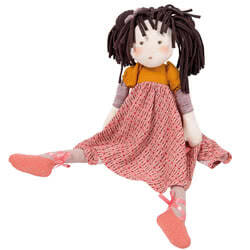 Moulin Roty Prunelle Rag Doll. Coming with a jersey cotton 
dress, 
lush dark brown hair and coral pink ballet 
shoes with 
beautiful satin ribbons. She is made from super soft 
cotton, the 
perfect gift for any Rag Doll fan no matter how old!