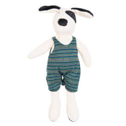 Moulin Roty Tiny Julius the Dog. It is 
wearing stripy green and white dungarees which can be 
easily removed (and washed if needed) and put back on 
again, he is made from super soft velour and his facial 
features are appliqued, providing added safe
