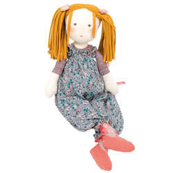 Moulin Roty Les Rosalies Violette Rag Doll. Coming with a jersey cotton romper which 
is 
removable and 
washable, long fair hair in 'pigtails' and ballet 
shoes with 
 satin ribbons. She is made from super soft 
cotton, the 
perfect gift