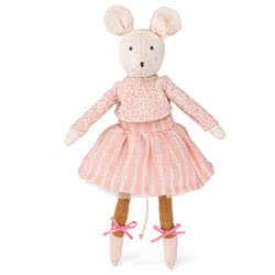 Moulin Roty Anna La Petite Ecole de Danse. Anna is a ballerina soft toy mouse wearing a pink and silver skirt with sparkly netting with gold shimmery legs and soft pink ballet pointes.