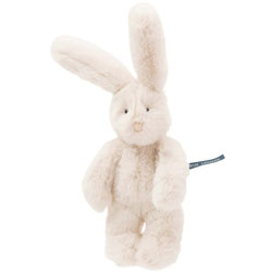 Moulin Roty Arthur et Louison Cream Rabbit Small. This super soft little bunny comes with fluffy cream fur, long ears, black glossy eyes, a delicate velvet matching nose and  bobtail, it is a really well filled plush rabbit.