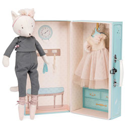 Moulin Roty Celestines Wardrobe Case. Clestine has a wardrobe suitcase containing a mirror, clothes hanging strap, a gorgeous pale pink, tulle dress. She is wearing a two-piece grey casual outfit with pink pointes.
