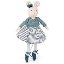 Moulin Roty Charlotte from Ecole De Danse. Charlotte is a lovely ballerina soft toy mouse. She is wearing a teal and silver skirt with sparkly netting, silver shimmery legs and soft teal ballet pointes. She has embroidered features, whiskers, little pink 