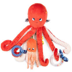 Moulin Roty Les Aventures De Paulie Activity Octopus..This super cute octopus hides lots of different activities in her large 8 ribbed fabric tentacles, such as a rattle, teething ring, colourful beaded ring and baby octopus. Consisting of a variety of te