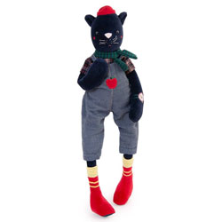 Moulin Roty Les Broc'n Rolls Eddie Cat featuring a navy blue velvet  body, upright ears, moveable white whiskers and stitched facial expression, wearing a red hat, a tartan top, denim dungarees complete with a red apple motif, a sparkly green and tea