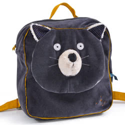 Moulin Roty Les Moustaches Alphonse Backpack.  Made from a soft dark grey velour material, this cute accessory comes with beautiful detailing and adjustable mustard yellow straps.