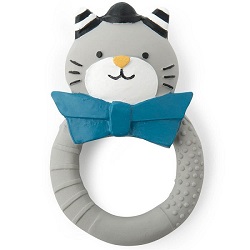 Moulin Roty Les Moustaches Grey Cat Teething Ring. Made from 100% natural rubber, this cute cat teether will definitely help with providing some soothing relief for baby's gums. Also featuring a soft rattle sound, this ring has no holes so that bacte