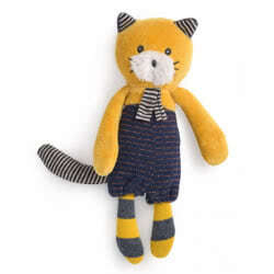 Moulin Roty Small Les Moustaches Lulu Cat. Now available in this smaller size, this cute little cat comes with a golden yellow fur body, fluffy white muzzle, upright pointed stripy ears, socks and matching tail. Wearing dark blue dungarees with stripes.