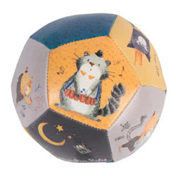 Moulin Roty Les Moustaches Soft Ball. Featuring cats, mice, owls and stars on interlocking pentagon shapes. This beautifully illustrated and colourful ball is the perfect way to help toddlers develop their motor skills, dexterity and precision