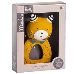 Moulin Roty Les Moustaches Yellow Cat Teething Ring Boxed