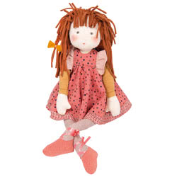 Moulin Roty Les Rosalies Anemone Rag Doll. Coming with a soft padded body, dangly arms and legs and beautiful printed facial features,  tousled fabric rust-red hair with a plait and bow. Anemone wears a removable coral dress with a polka dot pattern, pret