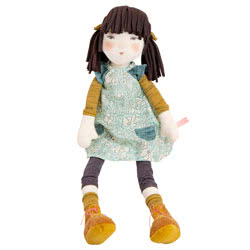 Moulin Roty Les Rosalies Iris Rag Doll. Coming with a soft padded body, dangly arms and legs and beautiful printed facial features,  tousled fabric dark brown hair with a gold bow. She is wearing a flower print dress with teal pockets, stripy mustard slee